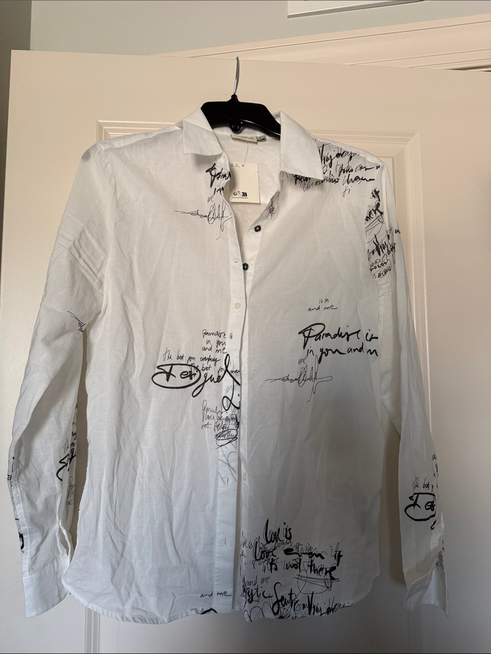 Desigual White Button-Down Shirt with Black Script Print